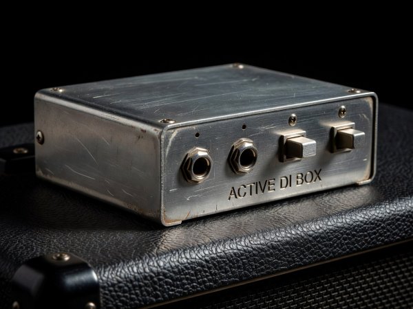 Close-up of a rugged steel direct injection DI box on top of a bass amplifier showing 1/4-inch TS instrument input, thru jack, -15dB pad, and ground lift switch