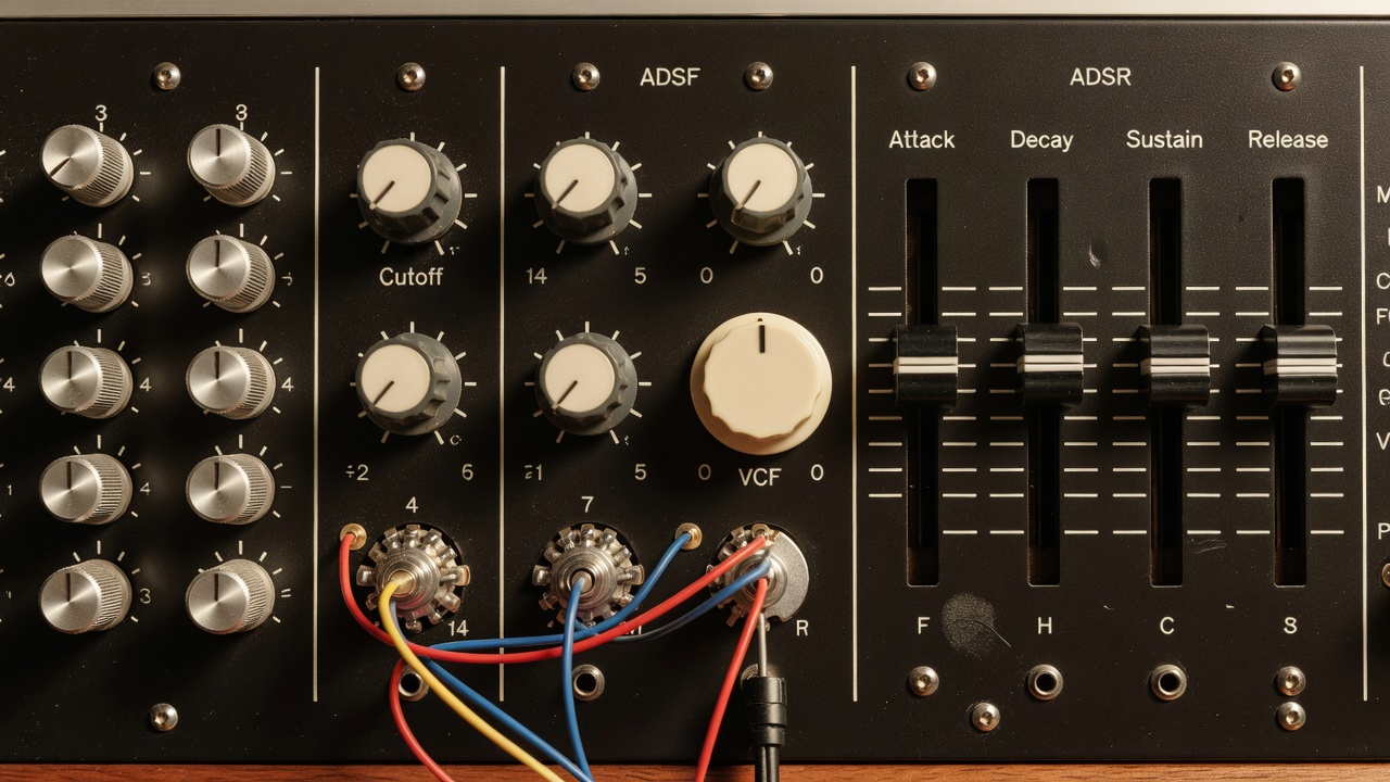 Detailed close-up across an analogue synthesizer front panel showing VCO octave rotary switches, mixer level knobs, ladder VCF cutoff, and ADSR envelope sliders
