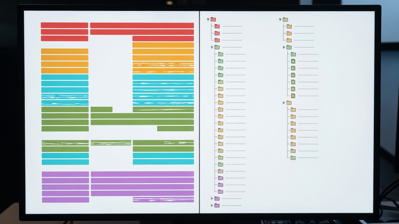 Annotated studio display showing a split view between a colour-coded DAW stem arrangement on the left and a structured sample vault directory tree on the right