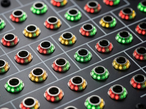 Macro photograph of Eurorack modular synthesizer 3.5mm jacks showing solid white background boxes around outputs and bipolar red-green LED rings