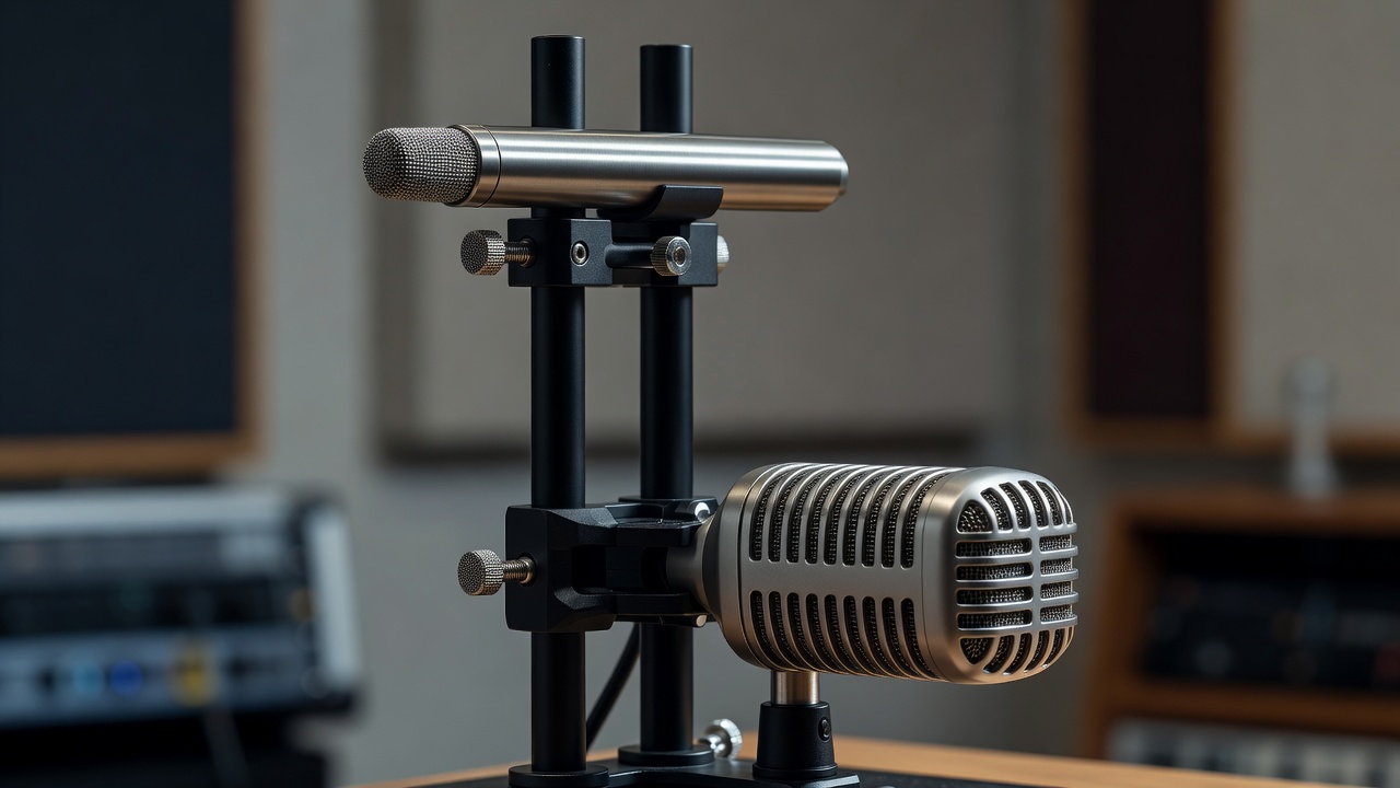 Close-up of a Mid-Side stereo microphone array mounted on a dual vertical clamp with a small-diaphragm cardioid pencil mic aiming forward above a side-address figure-8 ribbon mic