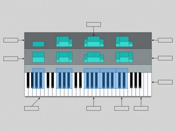 Annotated diagram of a sampler keygroup mapping editor showing root note zones every minor third across C1 to C5 with three vertical velocity layers