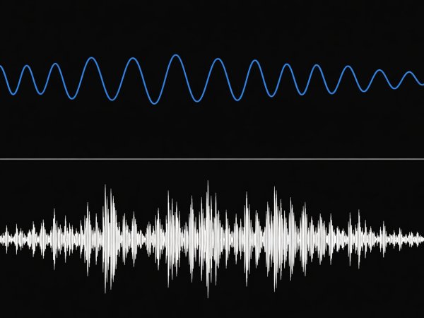 Dual waveform comparison showing smooth periodic sine-like cycles of an 808 sub bass above dense jagged aperiodic oscillations of an open hi-hat cymbal